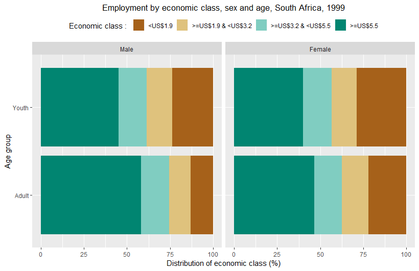 Employment by economic class, sex and age, South Africa, 1999